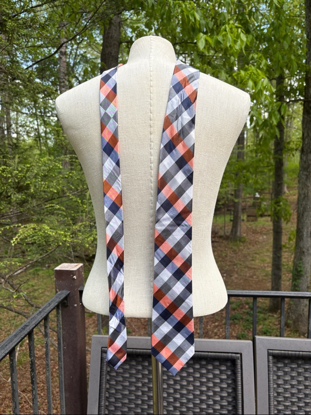 Chaps Plaid Self-Tie Tie in Orange, Navy & White. 100% silk handmade.